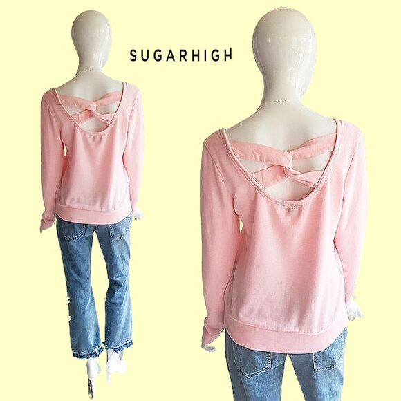 SUGAR HIGH NEW Coquettecore Floral Logo Twisted Band Open Back Sweat Top M - Picture 8 of 12